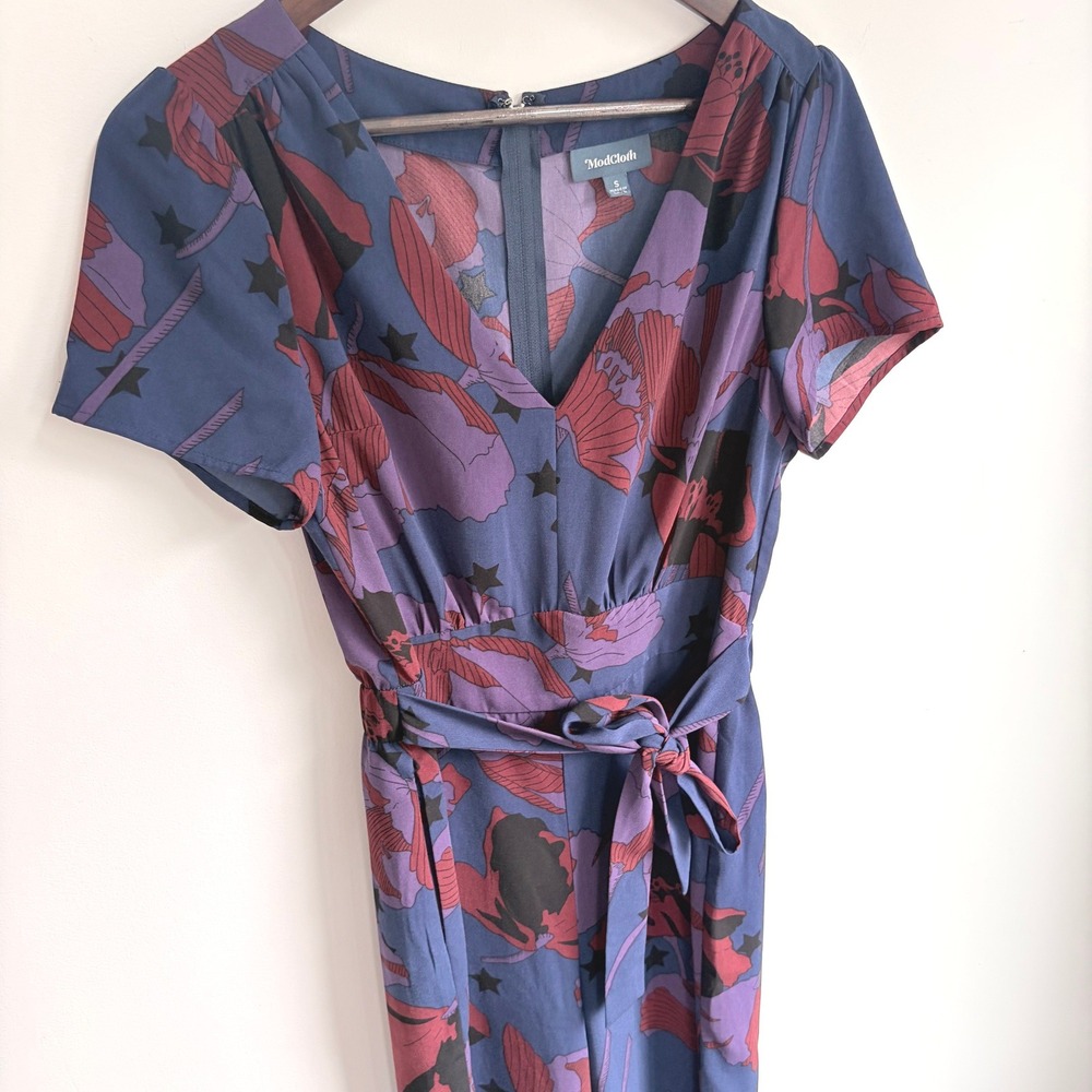 ModCloth Aiming Higher Jumpsuit Small Retro Floral Blue Wide‎ Leg Short Sleeve - Picture 3 of 7